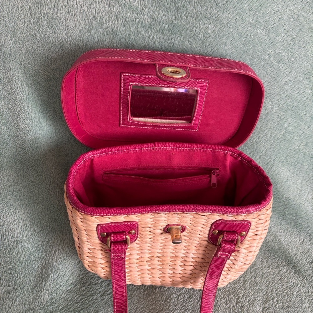 Vintage Vegetable Fiber Woven Basket Purse Top Handle Bag Pink Tan mirror - Picture 9 of 14